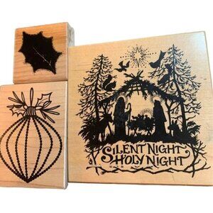 Silent Night Holy Night Nativity & Christmas Rubber Stamp Set Wood Block